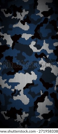 A digital camouflage pattern with a hexagonal texture, featuring dark blue, grey, black, and white tones, giving a modern, abstract look suitable for backgrounds or tactical designs.