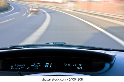 Digital car dashboard showing several data.
