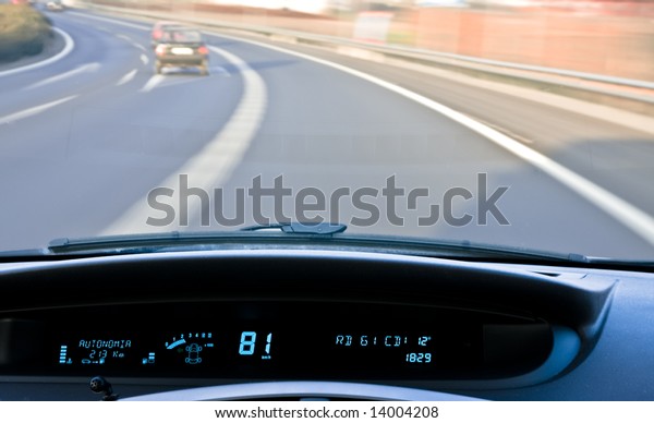 Digital car dashboard\
showing several data.