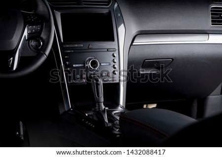 
Digital car dashboard - steering wheel, automatic transmission and touch screen inside cockpit