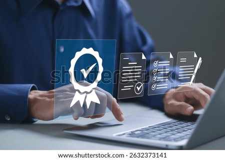 Digital certificate concept, Checklist documents, assessment for certificate and document approved. Quality management, Standardization, certification, regulatory compliance, service and standards