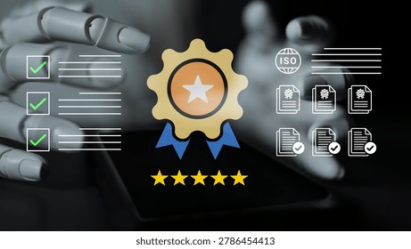 Digital Certification Concept with Robotic Hands, Quality Assurance Symbols, and ISO Standards Graphics on a Smartphone Screen