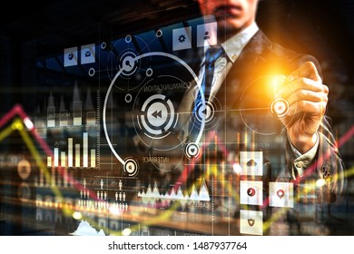 Digital chart on a touchscreen with a man touching by his hand