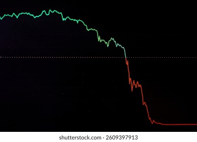 Digital chart showing a sharp downward trend from green to red, symbolizing a stock market crash caused by tariffs or economic tension. Ideal for finance, trade, and economic crisis concepts.