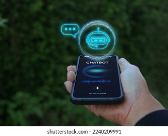 Digital chatbot, conversational agents, robot application, conversation assistant mimic human speech. Hand holding smartphone with chatterbot on virtual screen. AI Artificial Intelligence technology