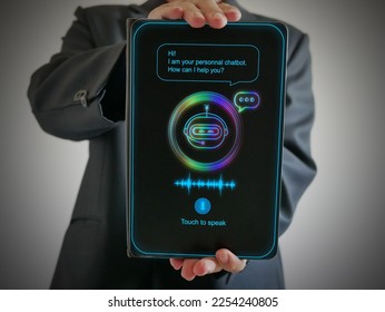 Digital chatbot, conversational agents, robot application, conversation assistant that mimic human speech. Hand holding a tablet with digital AI chatterbot on virtual screen for online information. 