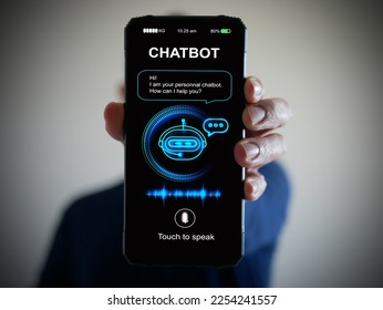 Digital chatbot, conversational agents, robot application, conversation assistant that mimic human speech. Hand holding smartphone with digital AI chatterbot on virtual screen for online information. 