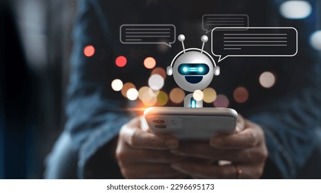 Digital chatbot, internet bot application, conversation assistant, AI Artificial Intelligence. Woman using mobile smart phone chatting with customer service, ChatGPT, AI chatbot automatic answering - Shutterstock ID 2296695173