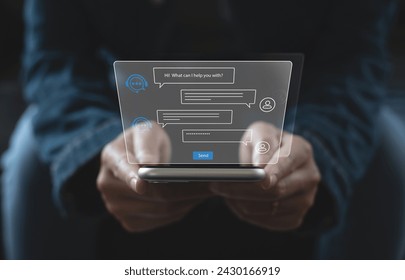 Digital chatbot, internet bot application, conversation assistant, AI Artificial Intelligence. Woman using mobile smart phone chatting with customer service, AI chatbot automatic answering