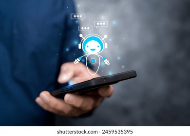 Digital chatbot, internet bot application, conversation assistant, AI Artificial Intelligence. Woman using mobile smart phone chatting with customer service, ChatGPT, AI chatbot automatic answering - Powered by Shutterstock