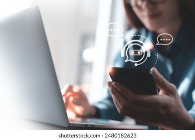 Digital chatbot, internet bot application, conversation assistant, AI Artificial Intelligence. Woman using mobile smart phone chatting with customer service, AI chatbot automatic answering