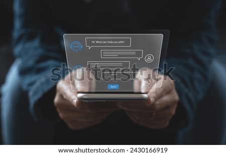 Digital chatbot, internet bot application, conversation assistant, AI Artificial Intelligence. Woman using mobile smart phone chatting with customer service, AI chatbot automatic answering