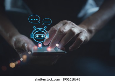 Digital Chatbot, Robot Application, Conversation Assistant, AI Artificial Intelligence Concept. Man Using Mobile Smart Phone, With Digital Chatbot On Virtual Screen And Data In Online Network