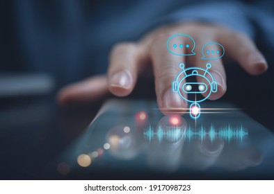 Digital Chatbot, Robot Application, Conversation Assistant, AI Artificial Intelligence Concept. Woman Touching On Mobile Smart Phone, Digital Chatbot, Sonic Wave On Virtual Screen For Provide Access