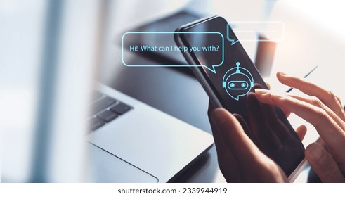 Digital chatbot, robot application, conversation assistant, AI Artificial Intelligence concept. Man using mobile smart phone, with digital chatbot on virtual screen, customer service