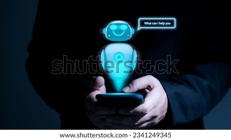 Digital chatbots on smartphones to access information in online networks. Holographic Robot Applications and Global Connectivity AI Innovation and Artificial Intelligence Technology