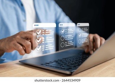 Digital checklist and approved document interface on laptop task management and confirmation process. Ideal for online forms, validation, and business automation systems.