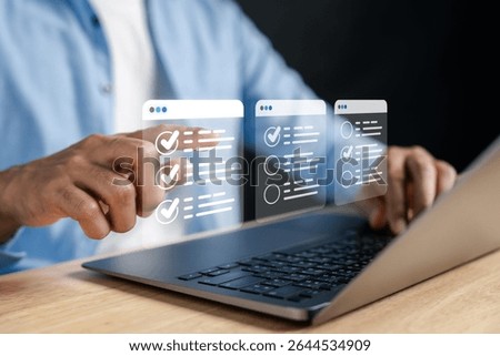 Digital checklist and approved document interface on laptop task management and confirmation process. Ideal for online forms, validation, and business automation systems.
