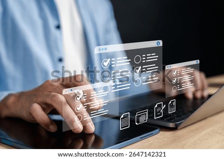 Digital checklist and approved document interface on laptop task management and confirmation process. Ideal for online forms, validation, and business automation systems.