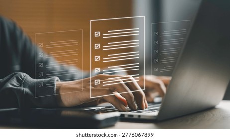 Digital checklist concept with workflow management and quality control on laptop interface. Business process automation, task tracking, productivity improvement, and project management.