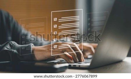 Digital checklist concept with workflow management and quality control on laptop interface. Business process automation, task tracking, productivity improvement, and project management.