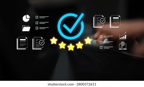 Digital Checklist and Evaluation System with Checkmark and Rating Stars Representing Quality Assurance in Business and Project Management Environments Gluon.