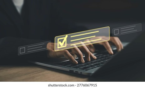 Digital checklist interface with task tracking on laptop. Workflow management, productivity optimization, and business process automation concept for efficient project execution.