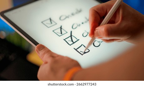Digital checklist marked tasks completion on tablet screen with stylus. Close-up view of hand ticking checkboxes representing progress, organization and productivity in digital workspace