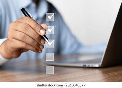Digital Checklists for efficient business management, Businessman touching marking on checklist guide to paperless assessment and Future Success, Streamlining operations with online surveys. - Shutterstock ID 2360040577