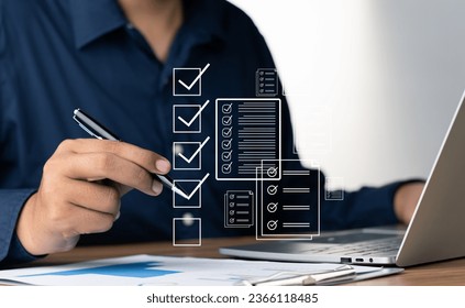 Digital Checklists for efficient business management, Businessman touching marking on checklist guide to paperless assessment and Future Success, Streamlining operations with online surveys.