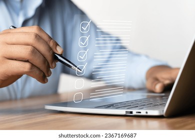 Digital Checklists for efficient business management, Businessman touching marking on checklist guide to paperless assessment and Future Success, Streamlining operations with online surveys.
