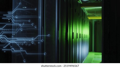 Digital circuit image over servers in data center. Technology, networking, computer, infrastructure, security, connectivity - Powered by Shutterstock