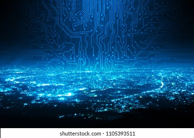 Digital Circuit Line On Blue Night City Background , Technology Concept..