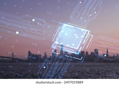 Digital circuit overlay on a cityscape background at dusk, symbolizing technology and innovation in urban development and smart cities