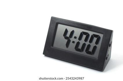 Digital clock displaying "4:00" angled slightly on white background. - Powered by Shutterstock