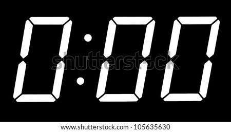 Digital clock show zero hours zero minutes. Isolated on the black background