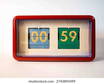 A digital clock shows the time as zero hours and fifty-nine minutes. The display features two sections in blue and green with clear numbers. The clock stands still, capturing a moment.