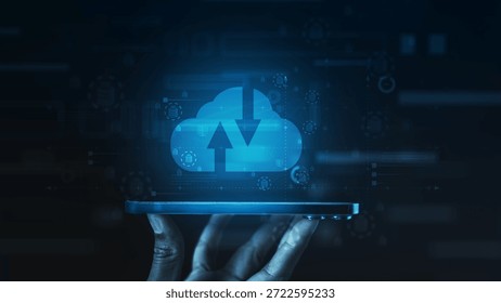 A digital cloud computing concept showing data upload and backup technology with secure virtual storage, representing modern network infrastructure, transfer processes, and online data management.