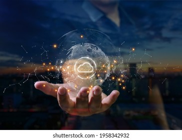 Digital cloud computing in hands of cyber security, Digital Data Network Protection, Technology global network big data analysis background concept
