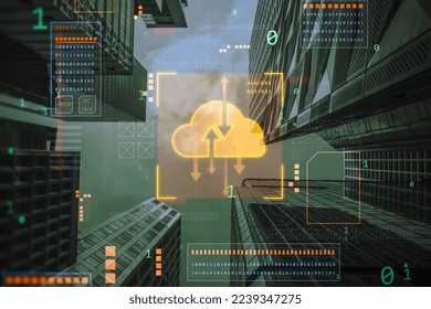 digital cloud computing hologram on blurry background. Cloud data, server, service and hosting concept
