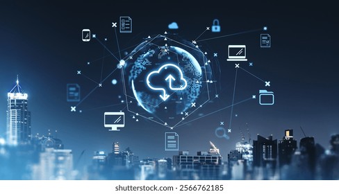 Digital cloud icons with a glowing globe, cityscape at night, global connections. Concept of cloud storage and digital services
