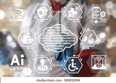 Digital Cloud Medicine IT Integration Health Care Concept. AI OPEN, IoT, BIG DATA, COMPUTING, ROBOTIC Hospital Upgrade Engineering Technology. Doctor Touched Cloud 0 1 Icon On Virtual Medical Screen.