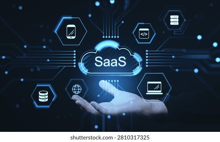 A digital cloud SaaS interface with glowing tech icons floating above a hand in a futuristic style on a dark background, concept of modern business technology