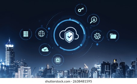 Digital cloud security system interface with icons over modern night cityscape background, symbolizing data protection and technology