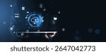 Digital cloud storage interface with icons for data management, security, and devices in glowing blue style on dark background, symbolizing online technology