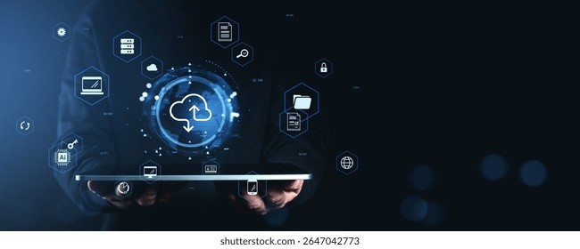 Digital cloud storage interface with icons for data management, security, and devices in glowing blue style on dark background, symbolizing online technology