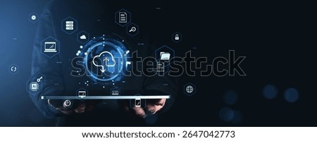 Digital cloud storage interface with icons for data management, security, and devices in glowing blue style on dark background, symbolizing online technology