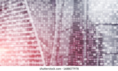 Digital code on blur city background. Abstract Binary code.