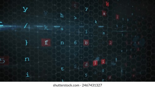 Digital code and symbols are floating on dark, hexagonal grid background. The scene evokes a high-tech, futuristic atmosphere with a focus on cybersecurity or programming