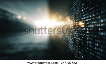 Digital code wall, city lights, sunrise glow